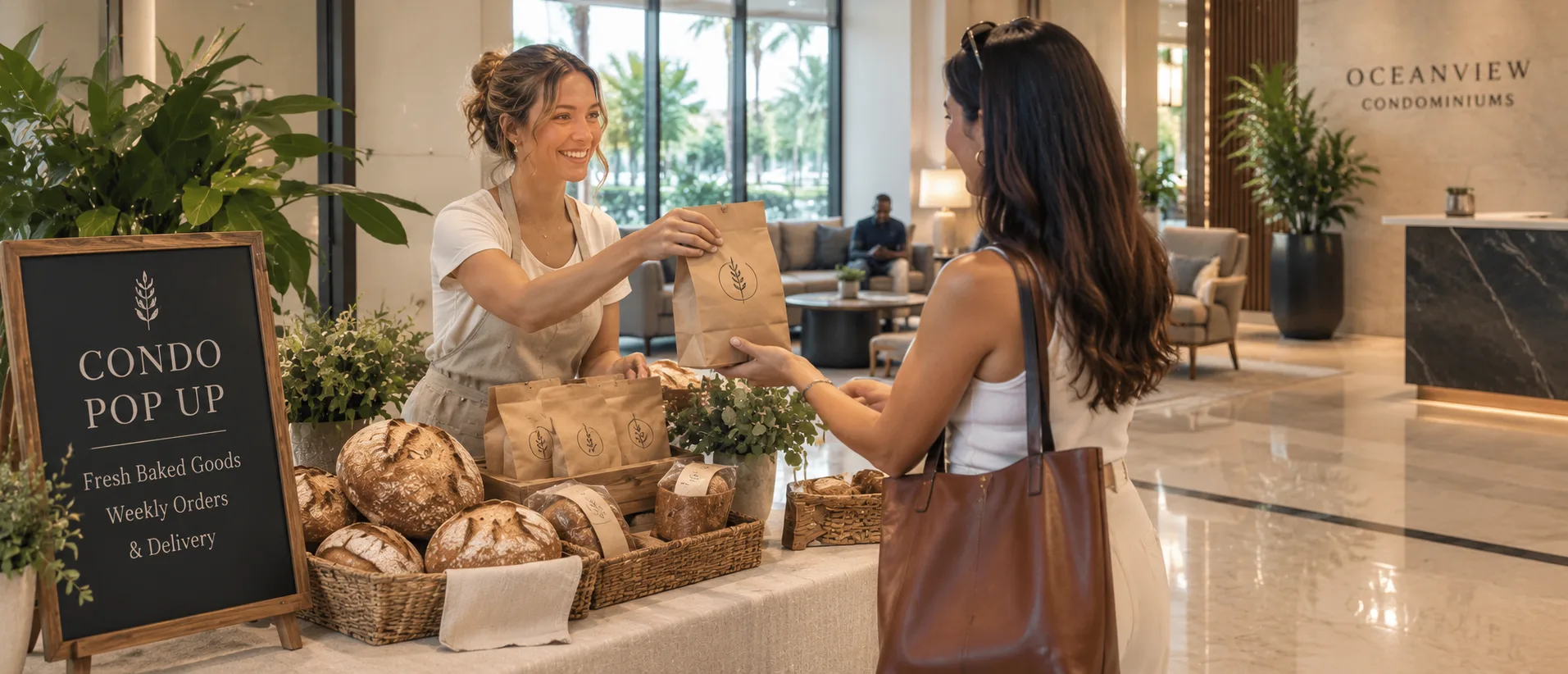 A Wellies pop-up in a sunlit condo lobby, handing a resident a bag of fresh bread